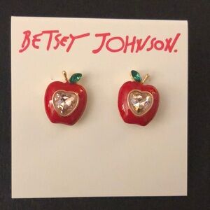 Betsey Johnson Gold Tone Red Enamel Apple Stud Earrings Pink Heart Crystal NWT